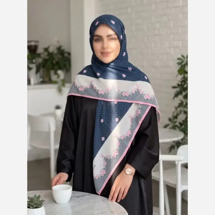 روسری سوپرنخ سرمه ای صورتی قواره 140 لطیف و نرم