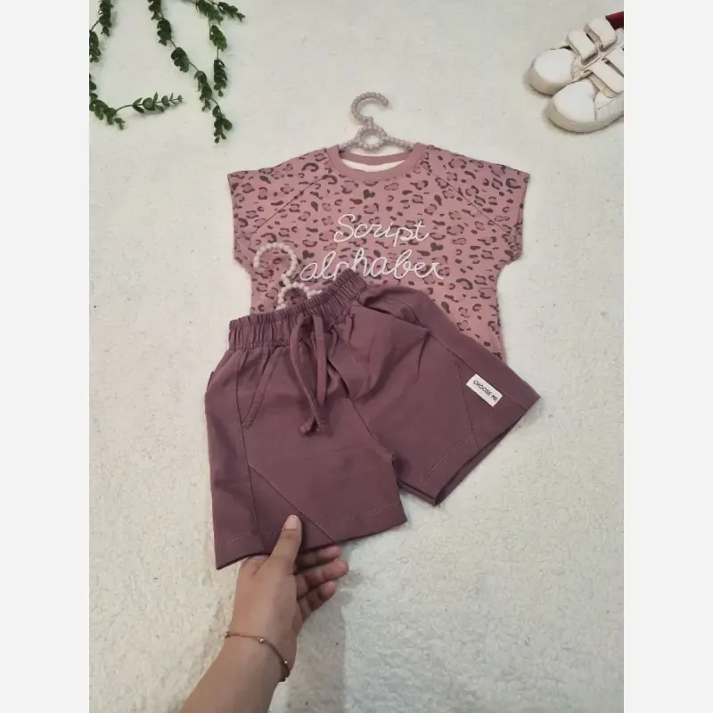 ست تیشرت و شلوارک دخترانه طرح پلنگی پنبه لاکرا سایز 35 تا 50