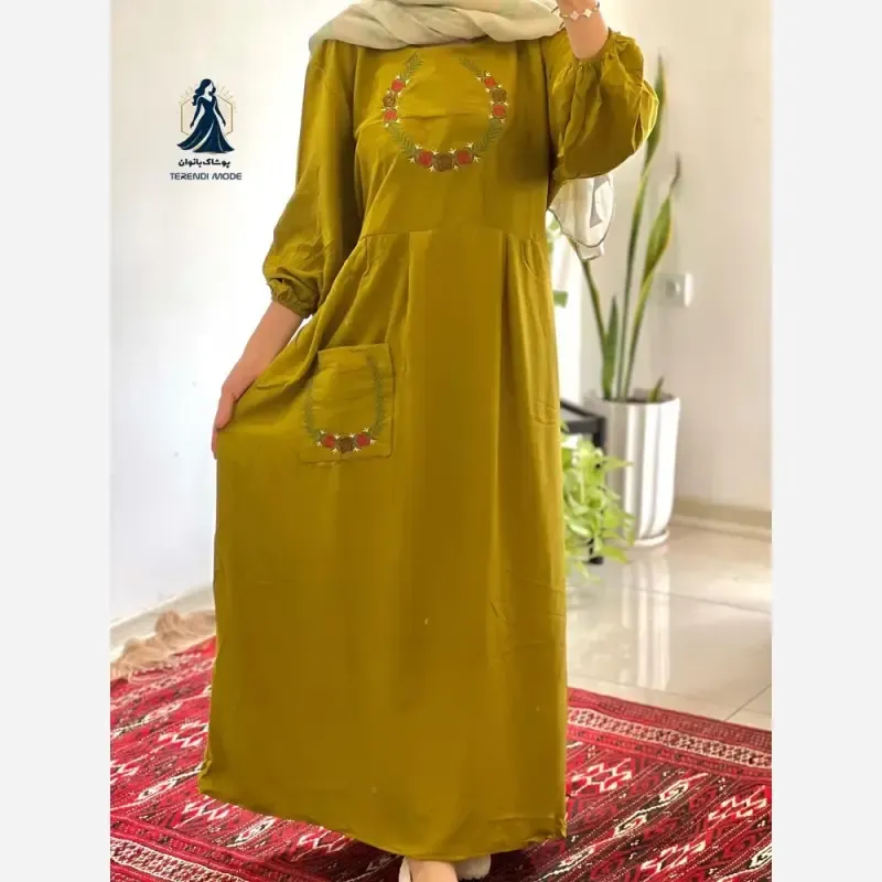ساحلی گلدوزی تک جیب زنانه جنس نخ ململ رنگ زیتون خنک تابستانه