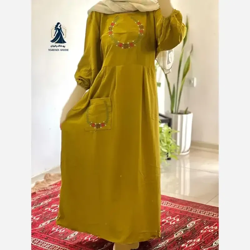 ساحلی گلدوزی تک جیب جنس نخ ململ رنگ زیتون قد 136
