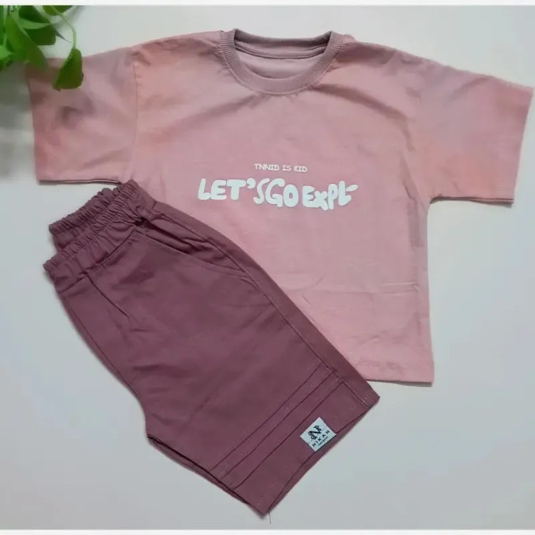 ست تیشرت و شلوارک اسپرت پسرانه و دخترانه مدل let's go جنس پنبه یک رو
