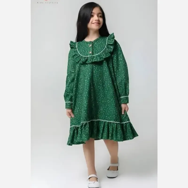 پیراهن کتان تافته دخترانه مهمونی تولد بیرونی رنگ سبز و قرمز سایز 2 تا 8 سال