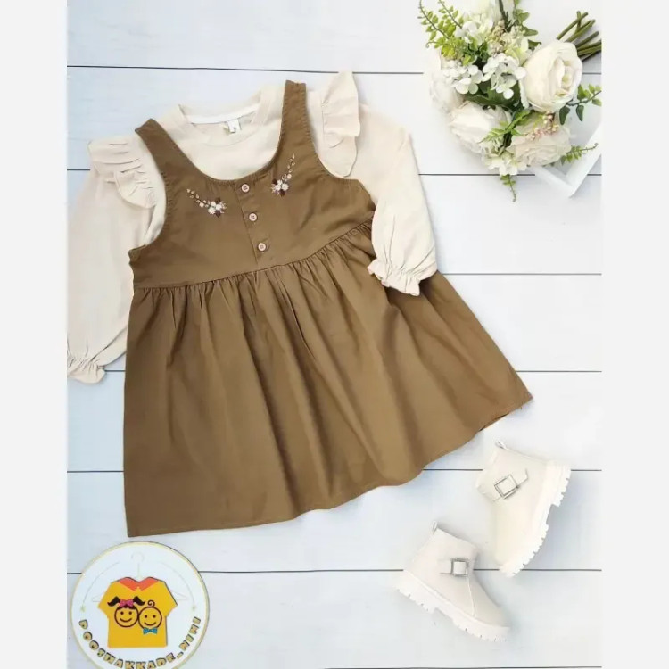 ست سارافون کتان و شومیز دخترانه وارداتی مناسب 4 تا 11 سال