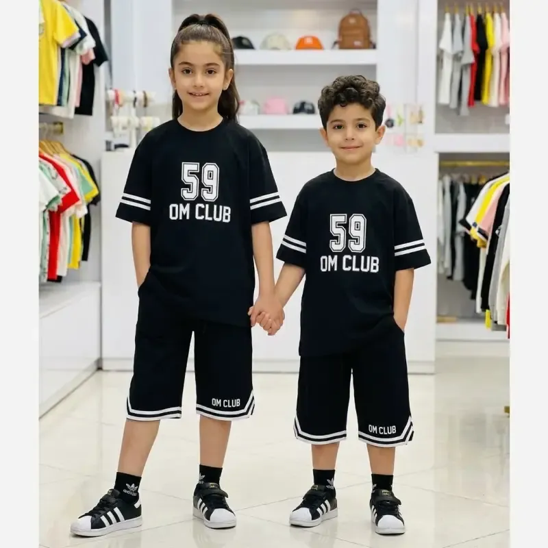 ست تیشرت و شلوارک اسپرت دخترانه و پسرانه مشکی محرمی