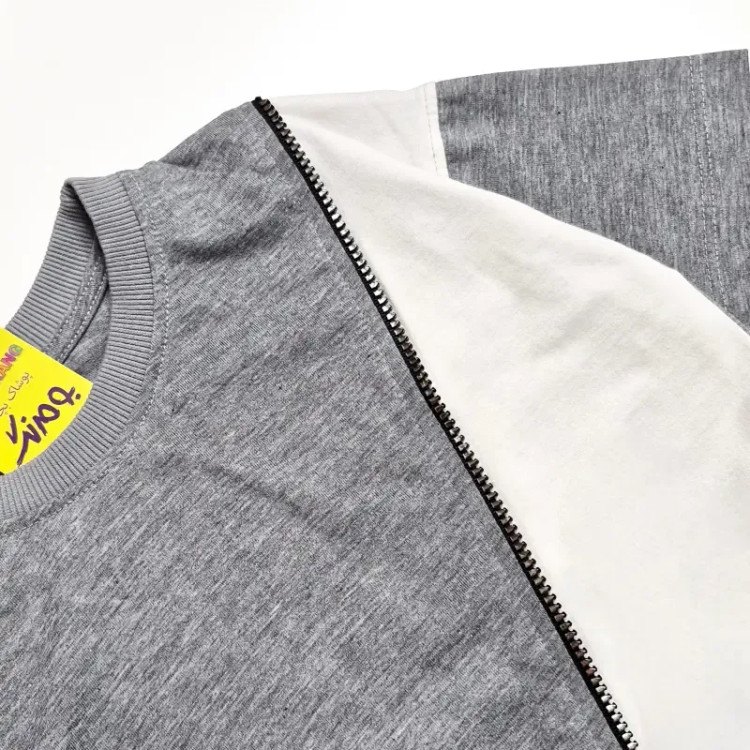 تیشرت اسپرت دخترانه و پسرانه زیپ دار طوسی کرم کد RK129 سایز 3 تا 13 سال