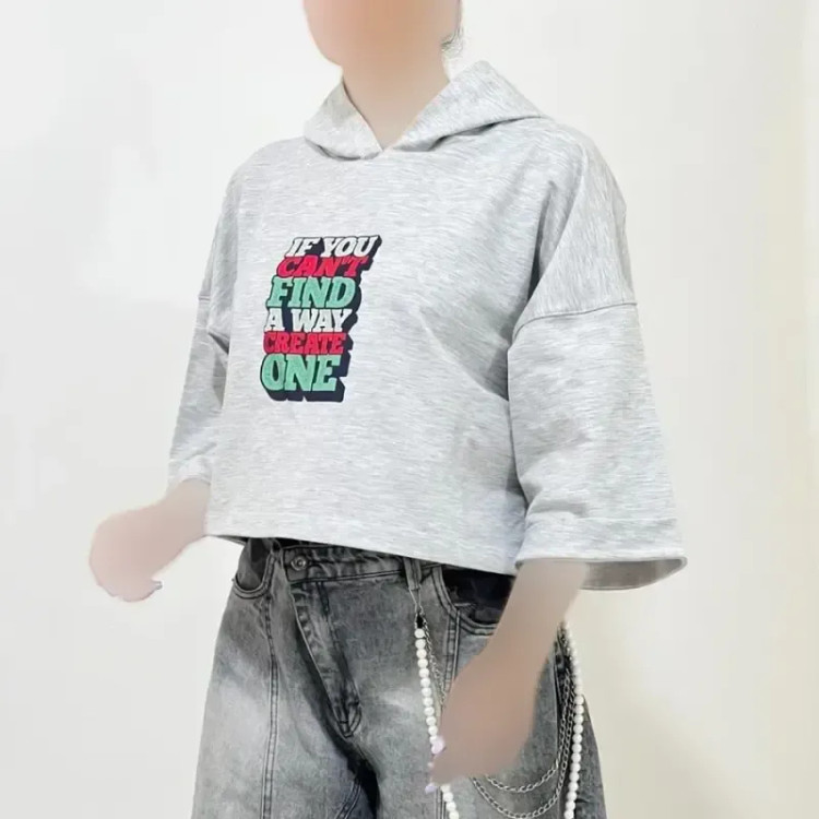 تیشرت کراپ باکسی کلاه دار چاپدار جنس گلکسی قد 50 سانت