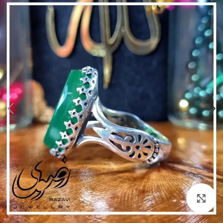 انگشتر مردانه عقیق سبز با حکاکی دست استاد فتح و رکاب آلیاژ نقره روس