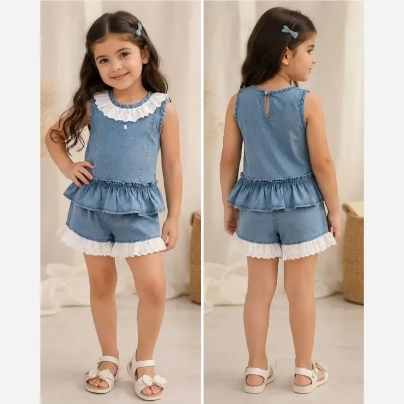 ست تاپ و شورتک جین دانتل دار دخترانه خنک مناسب 1.5 تا 7 سال