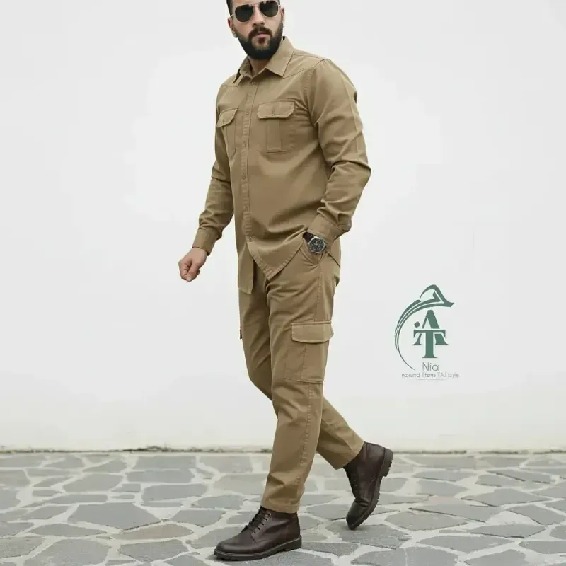 ست پیراهن و شلوار کتان مردانه مدل یاشیل رنگ خاکی