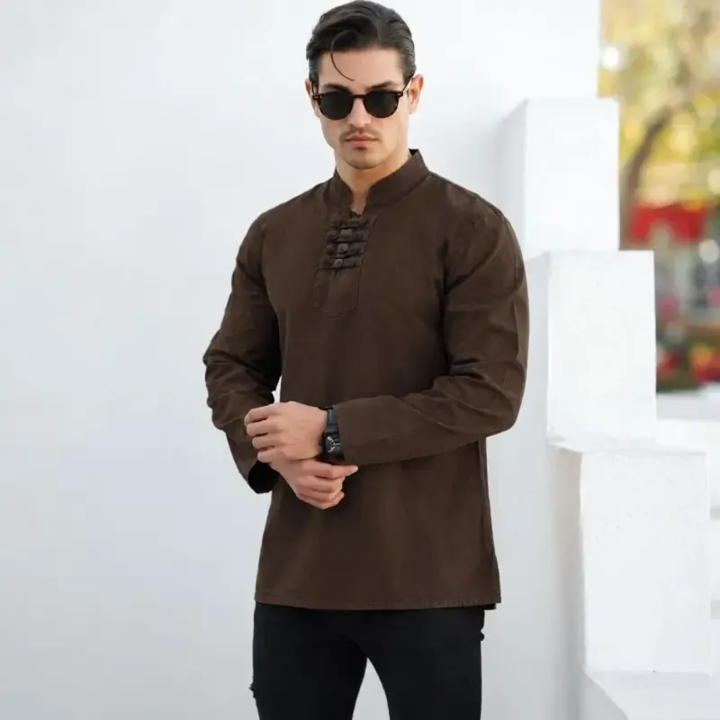 پیراهن الیاف طبیعی مردانه مدل آرشا رنگ قهوه ای