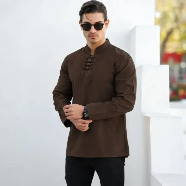 پیراهن الیاف طبیعی مردانه مدل آرشا رنگ قهوه ای