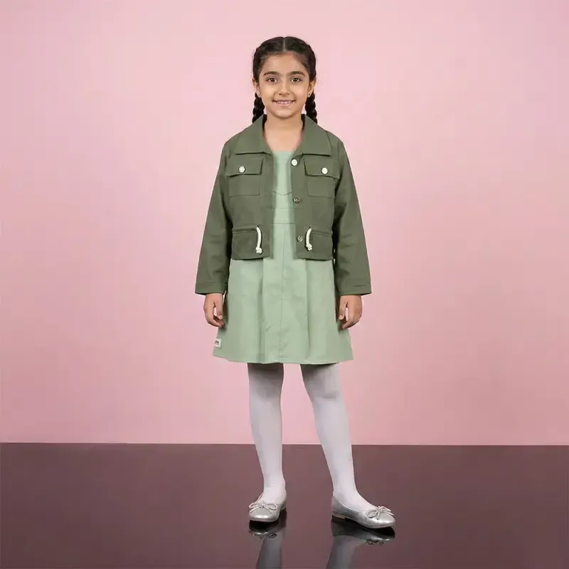 ست کت و سارافون دخترانه کتان رنگ یشمی