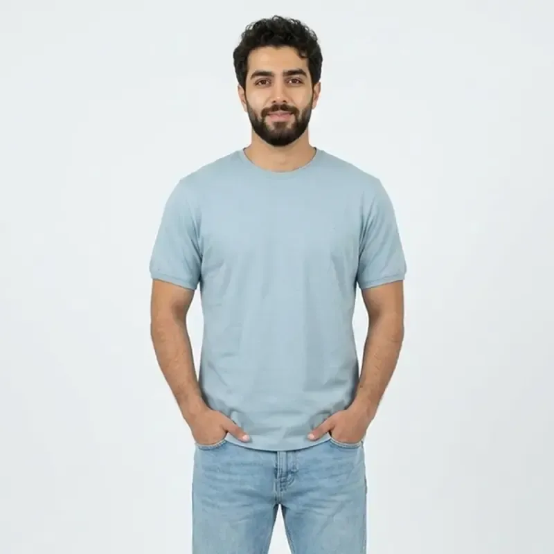 تیشرت بیسیک مردانه پنبه خالص یقه گرد آبی کد 11856