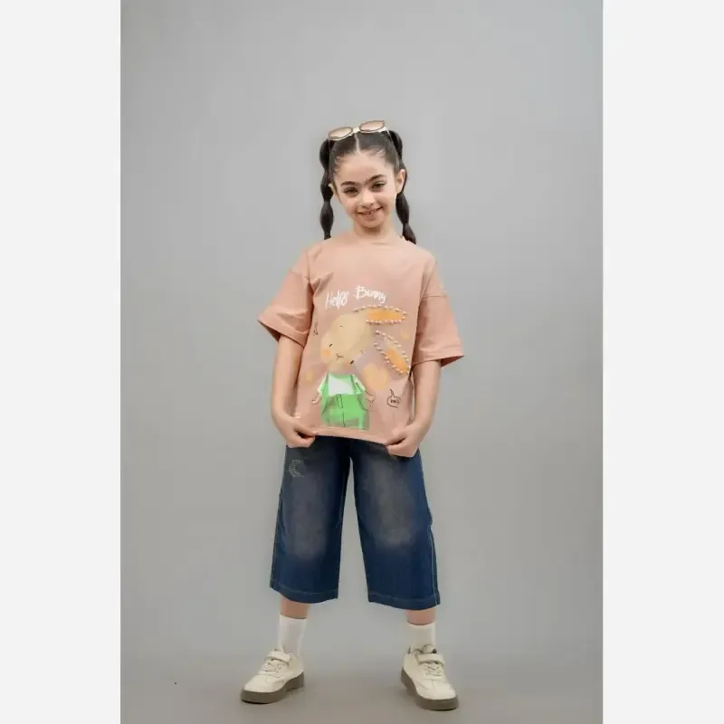 ست تیشرت و شلوارک جین دخترانه مروارید دوزی شده سایز 35 تا 50