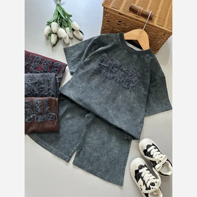 ست بلوز شلوارک پسرانه طرح سنگ شور اسپرت نخ پنبه