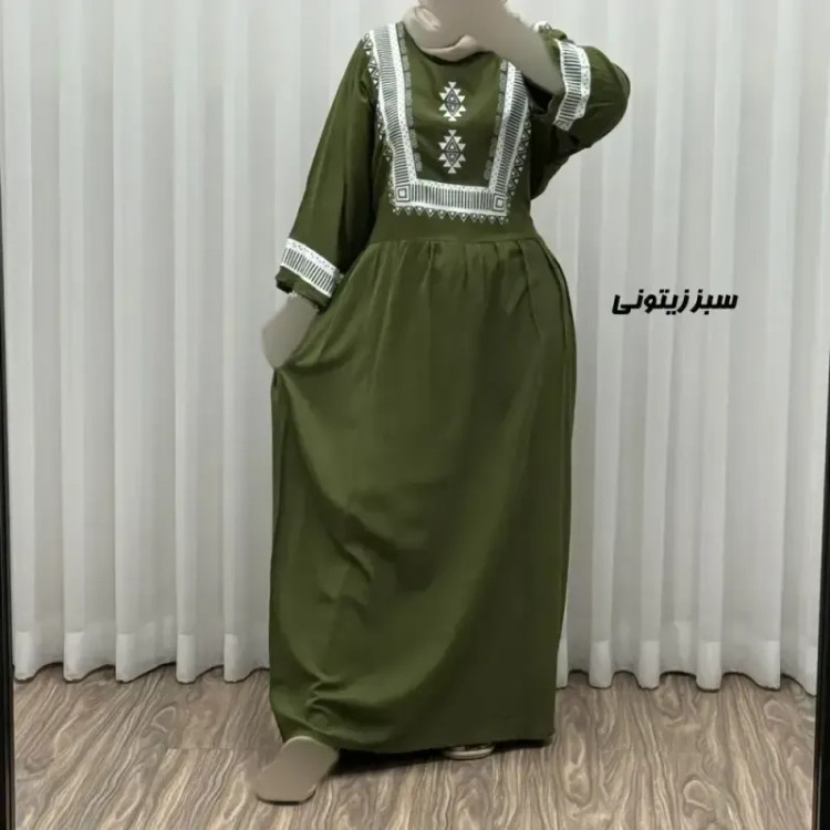 پیراهن نخی زنانه مدل پادمیرا فری سایز مناسب تا 48 همراه با کمربند