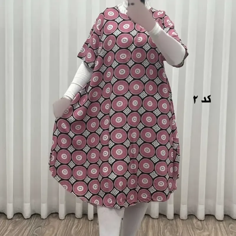 پیراهن ساحلی زنانه نخی آستین کوتاه فری سایز مناسب تا سایز 52