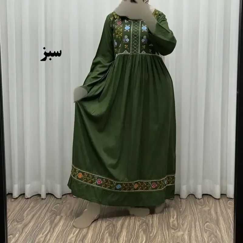پیراهن نخی هندی سلن گلدوزی فری سایز تا 50 کمربنددار چهارفصل زنانه شیک