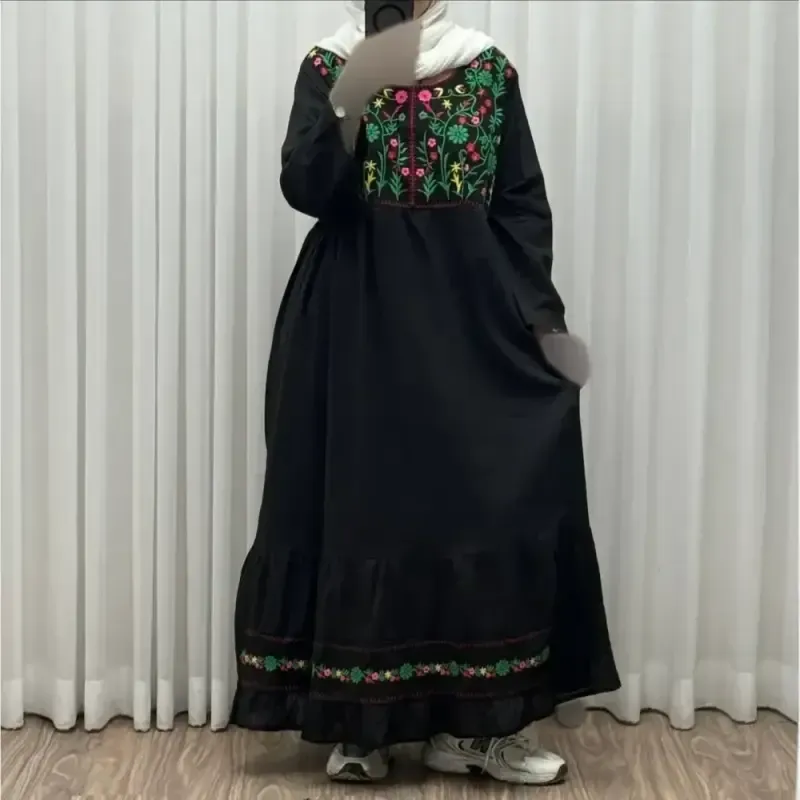 پیراهن نخی زنانه فری سایز تا 46 گلدوزی شده شیک و راحت کمربند دار چهارفصل