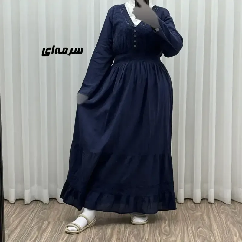 پیراهن ساحلی زنانه آستین بلند نخی تافته فری سایز مدل سلن دکمه دار آستردار