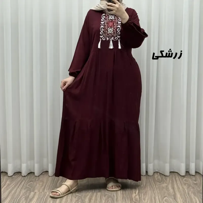 پیراهن نخی زنانه و دخترانه بلند منگولهدار فری سایز تا 50