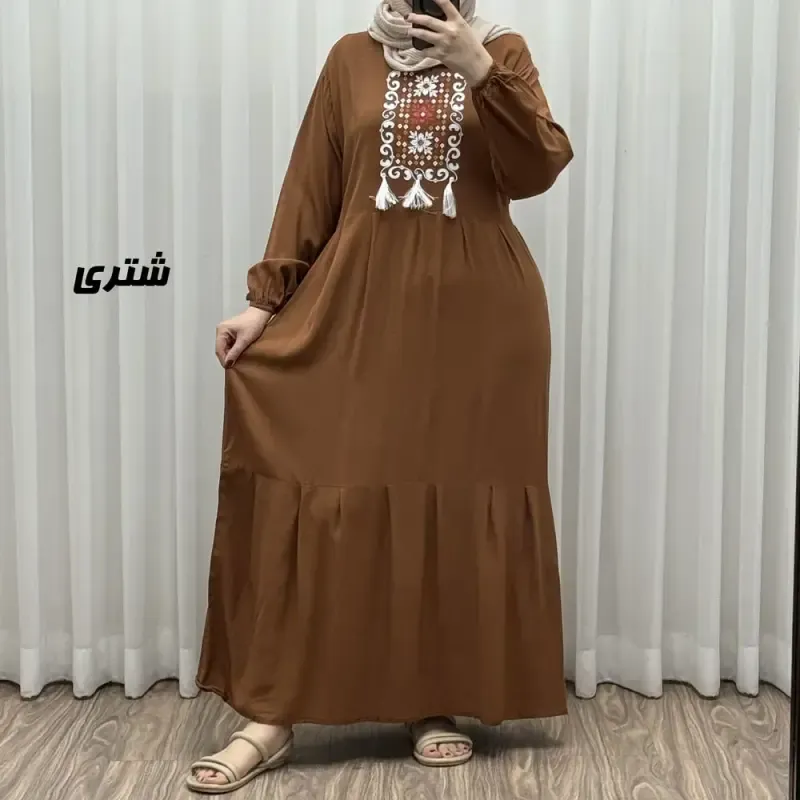 پیراهن نخی زنانه و دخترانه بلند منگولهدار فری سایز تا 50