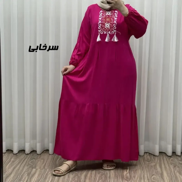 پیراهن نخی زنانه و دخترانه بلند منگولهدار فری سایز تا 50