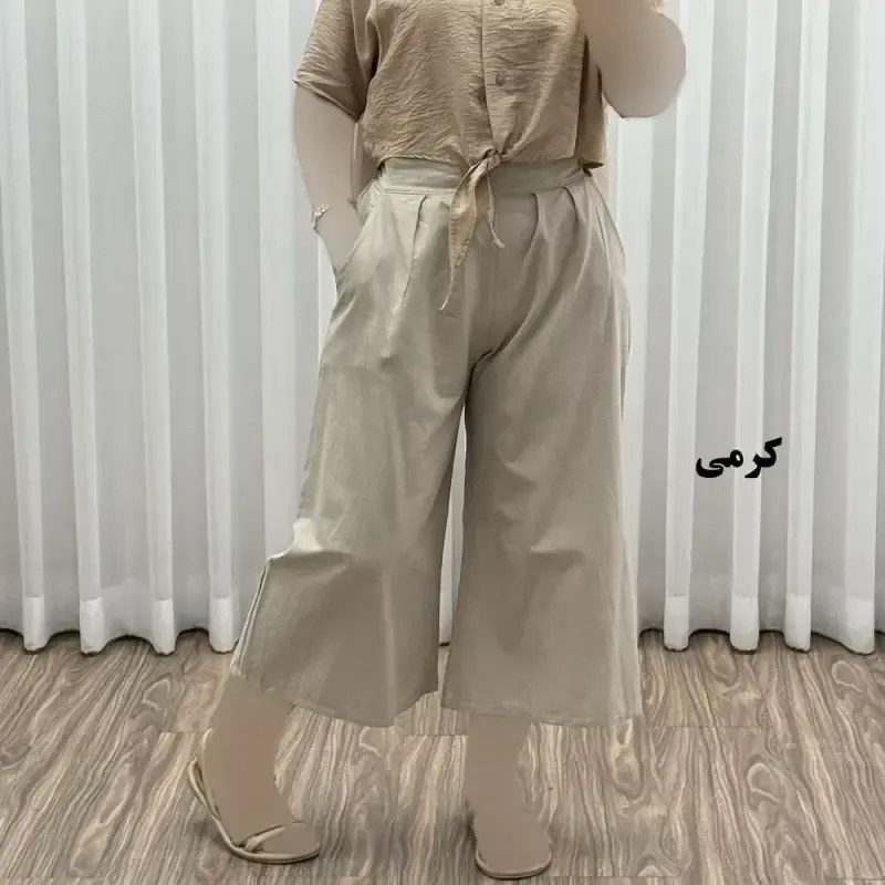 شلوار واید لنین نچرال فری سایز تا 50 تنخور شیک و راحت چهارفصل زنانه مناسب باردار و سایز درشت