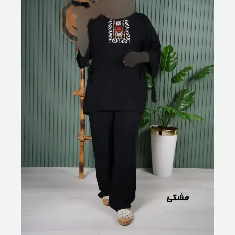 ست بلوز و شلوار نخی زنانه مدل سنتی فری سایز مناسب تا 48
