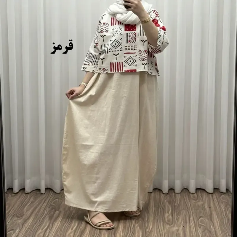 ست کراپ و سارافون لینن زنانه فری سایز مناسب تا 48