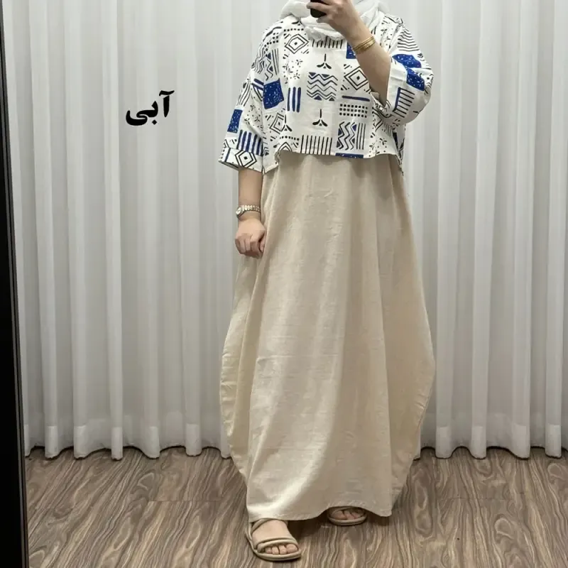 ست کراپ و سارافون لینن زنانه فری سایز مناسب تا 48
