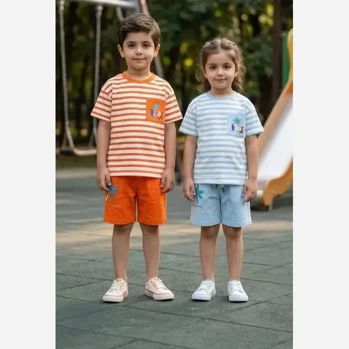 ست تیشرت شلوارک پسرانه و دخترانه طرح کمپ پنبه و کتان پنبه