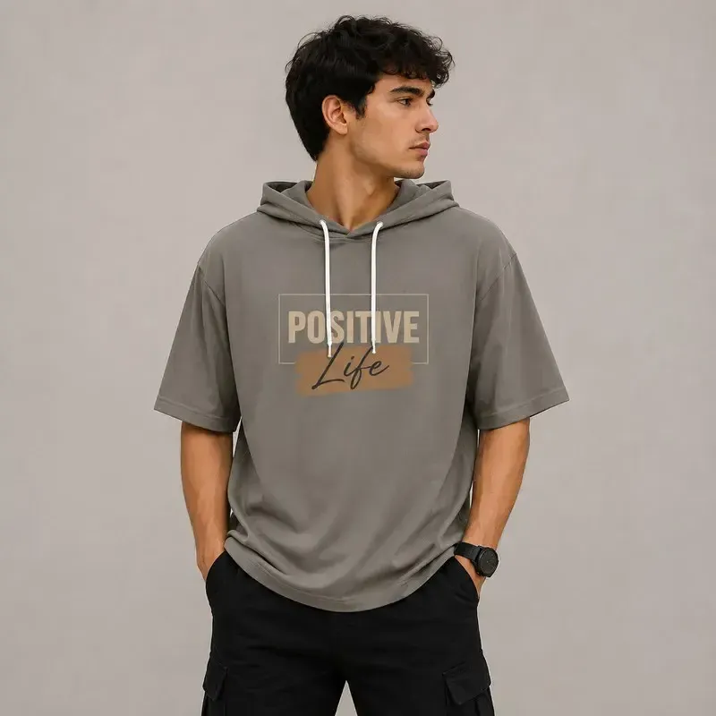 تی شرت مردانه کلاهدار پنبه ای طرح حروف مدل positive