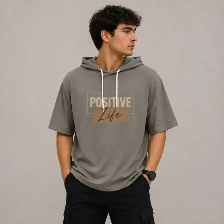 تی شرت مردانه کلاهدار پنبه ای طرح حروف مدل positive