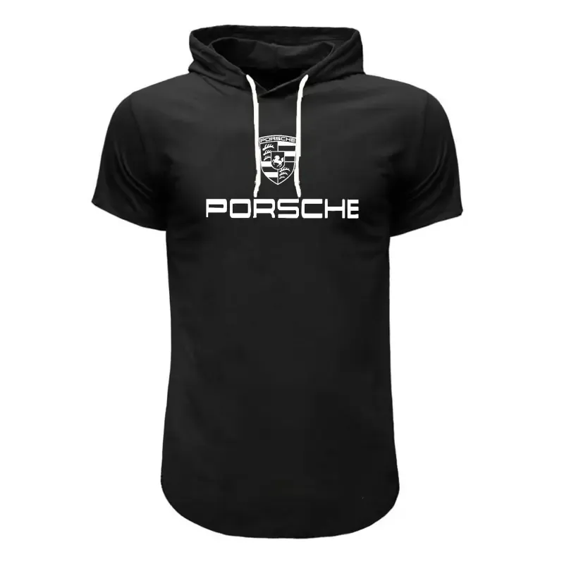 تیشرت کلاه دار مردانه طرح Porsche مدل F8057 مشکی قرمز سفید