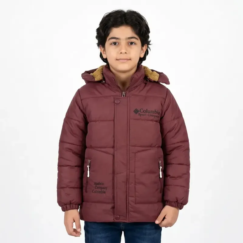 کاپشن پسرانه سیلیکونی کلمبیا رنگ عنابی آستر خز کلاه دار