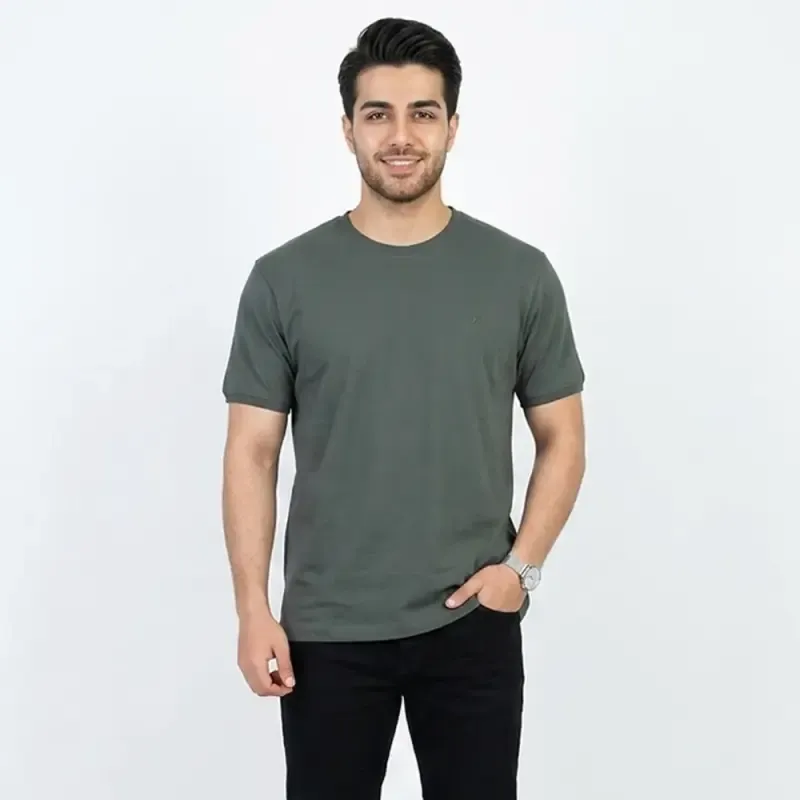 تیشرت بیسیک مردانه یقه گرد پنبه خالص رنگ یشمی