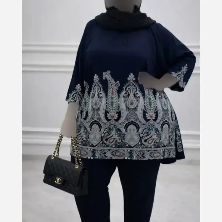 تونیک زنانه مشکی سایزبزرگ اندونزی طرح سنتی فرم آزاد