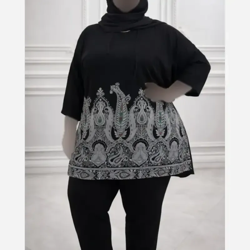 تونیک زنانه مشکی سایزبزرگ اندونزی طرح سنتی فرم آزاد