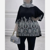تونیک زنانه مشکی سایزبزرگ اندونزی طرح سنتی فرم آزاد