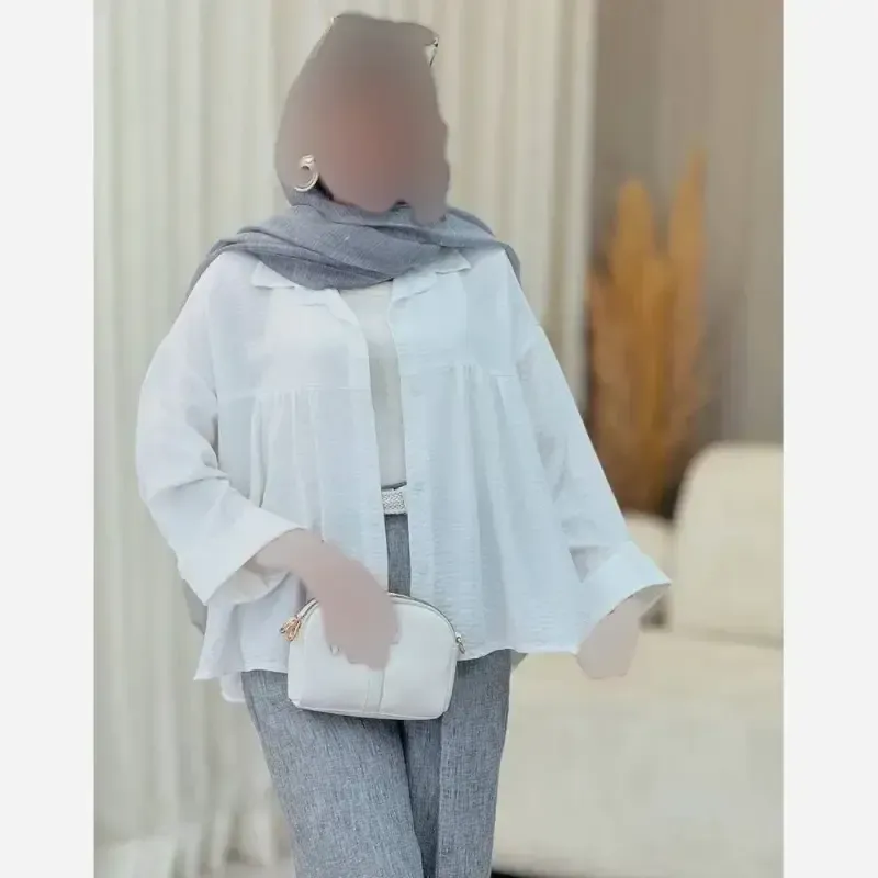 شومیز عروسکی مانتویی مدل دلا جنس پارچه شانتون فری سایز