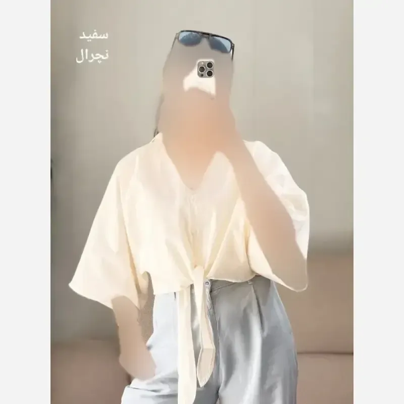 شومیز جلو گره ای لینن پنبه مدل تبسم فری سایز