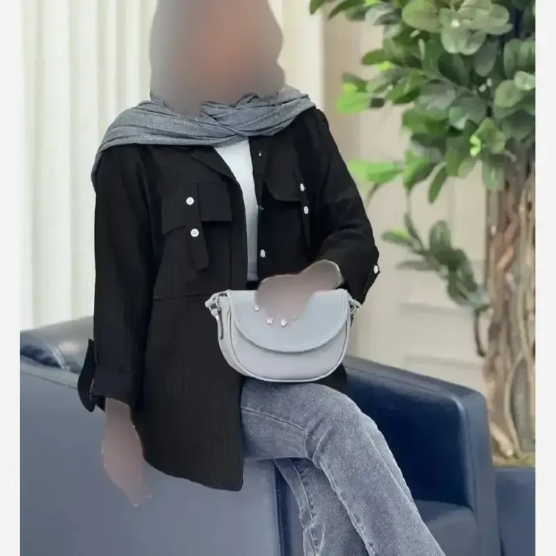 مانتو جیب صلیبی مدل فریبا جنس آیوا رنگ مشکی فری سایز