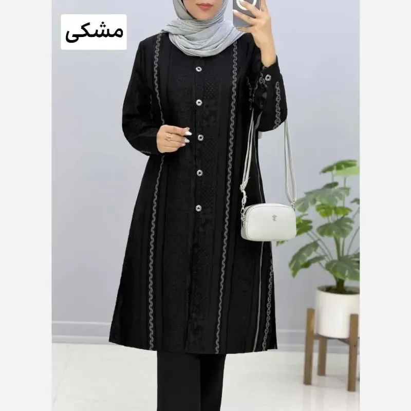 مانتو بلند زنانه شیوا جنس کرپ ژاکارد رنگ مشکی سایز بزرگ