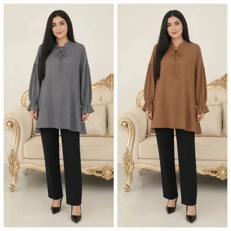 تونیک زنانه فری سایز جنس آیوا رنگ شکلاتی و طوسی