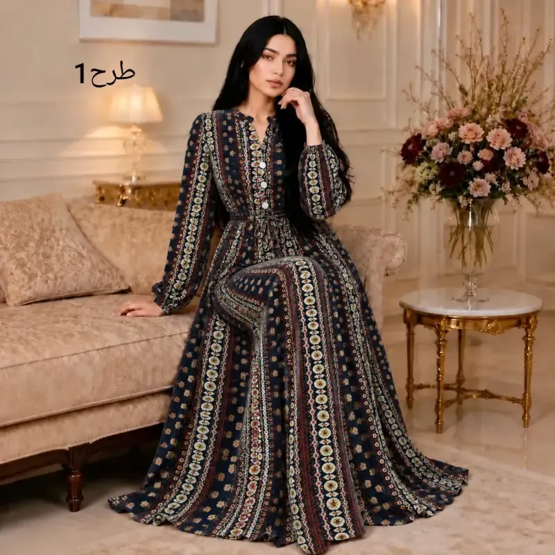پیراهن بلند آسلین زنانه الیزه طرح دار سایزبندی 1 و 2