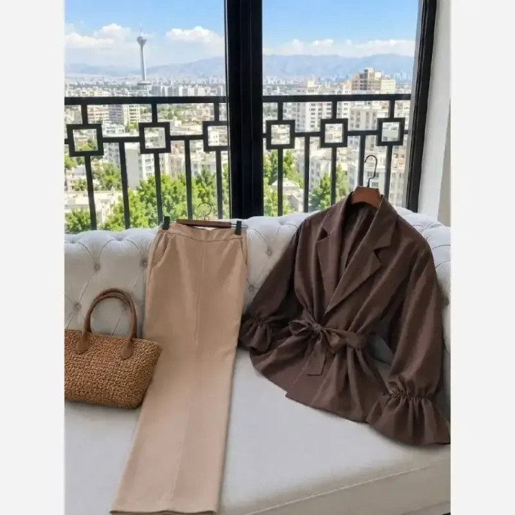 کت شلوار زنانه کرپ مازراتی کمربند دار مدل نیوشا