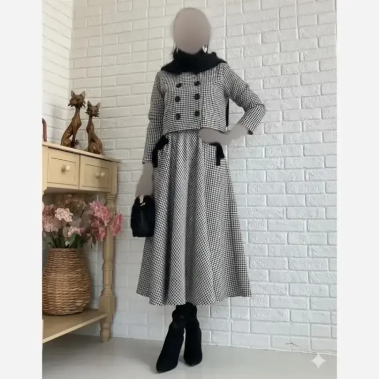 کت دامن پیچازی ضخیم زنانه سایز بزرگ و معمولی رنگ کرم و مشکی