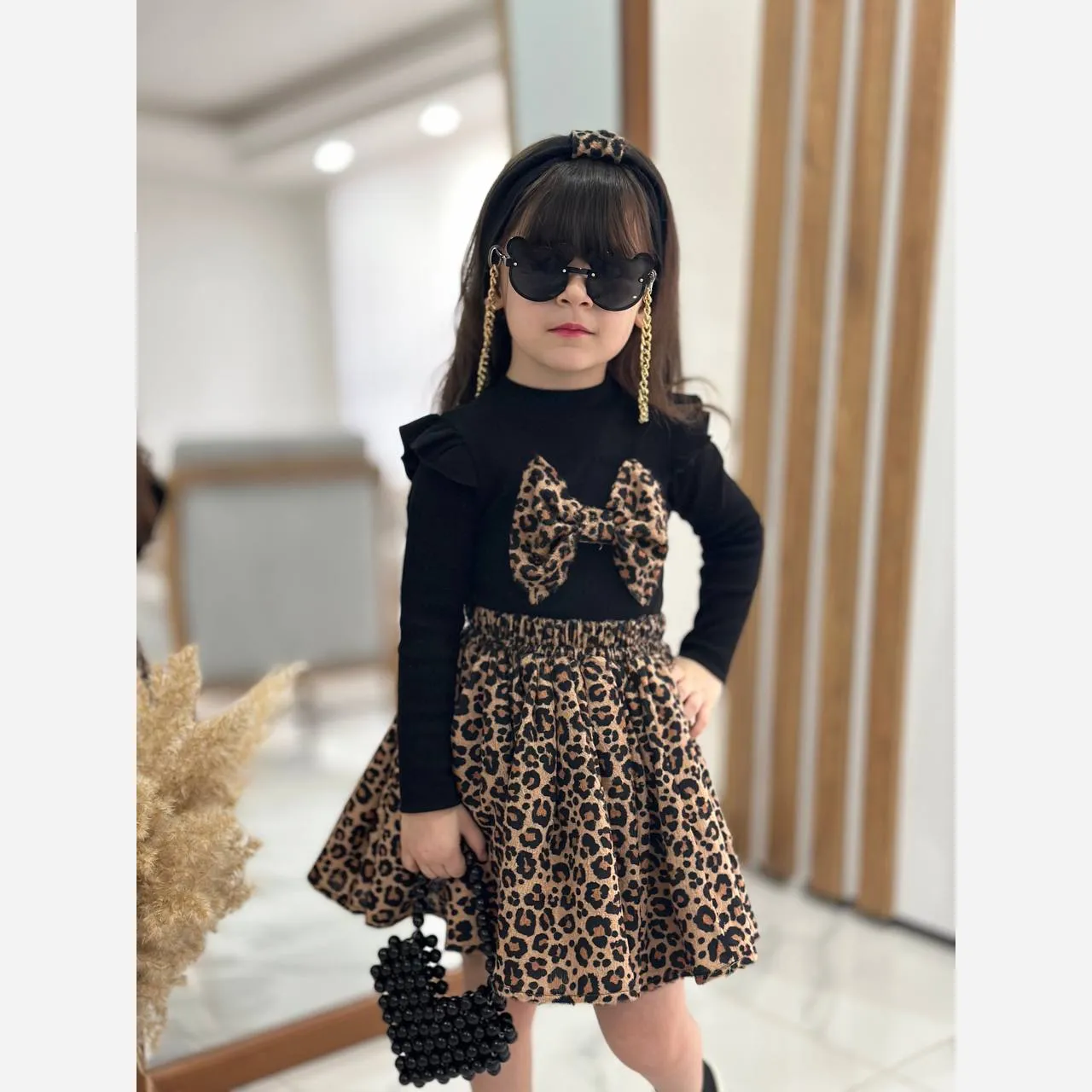 بلوز دامن پلنگی دخترانه پنبه کبریتی و مخمل آنجل سایز 3 تا 9 سال