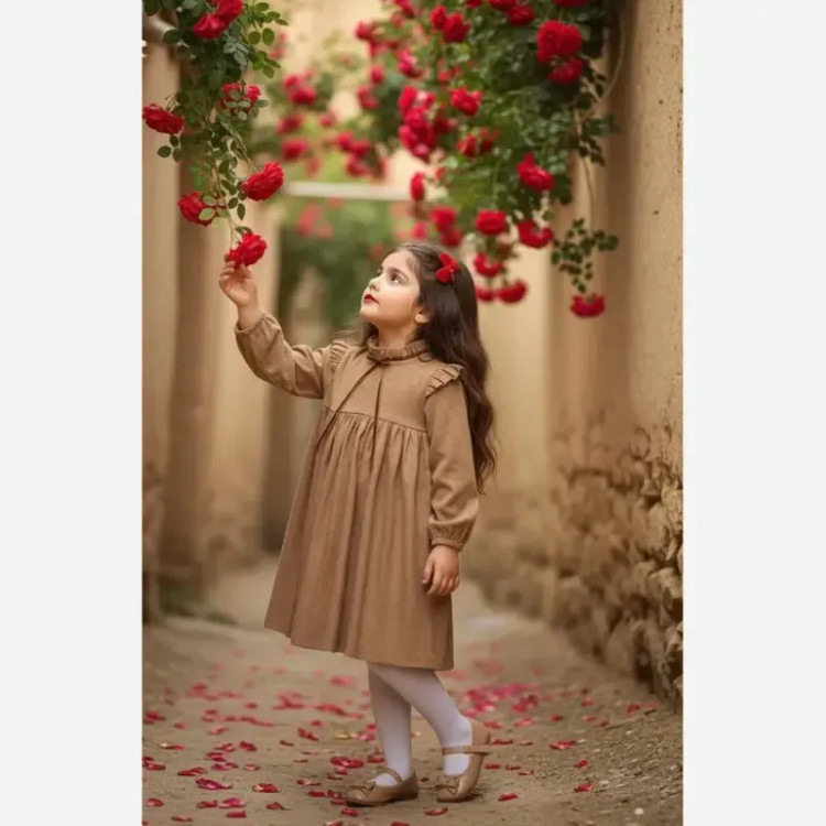 پیراهن مخمل کبریتی دخترانه رنگ کرم مناسب 3 تا 10 سال